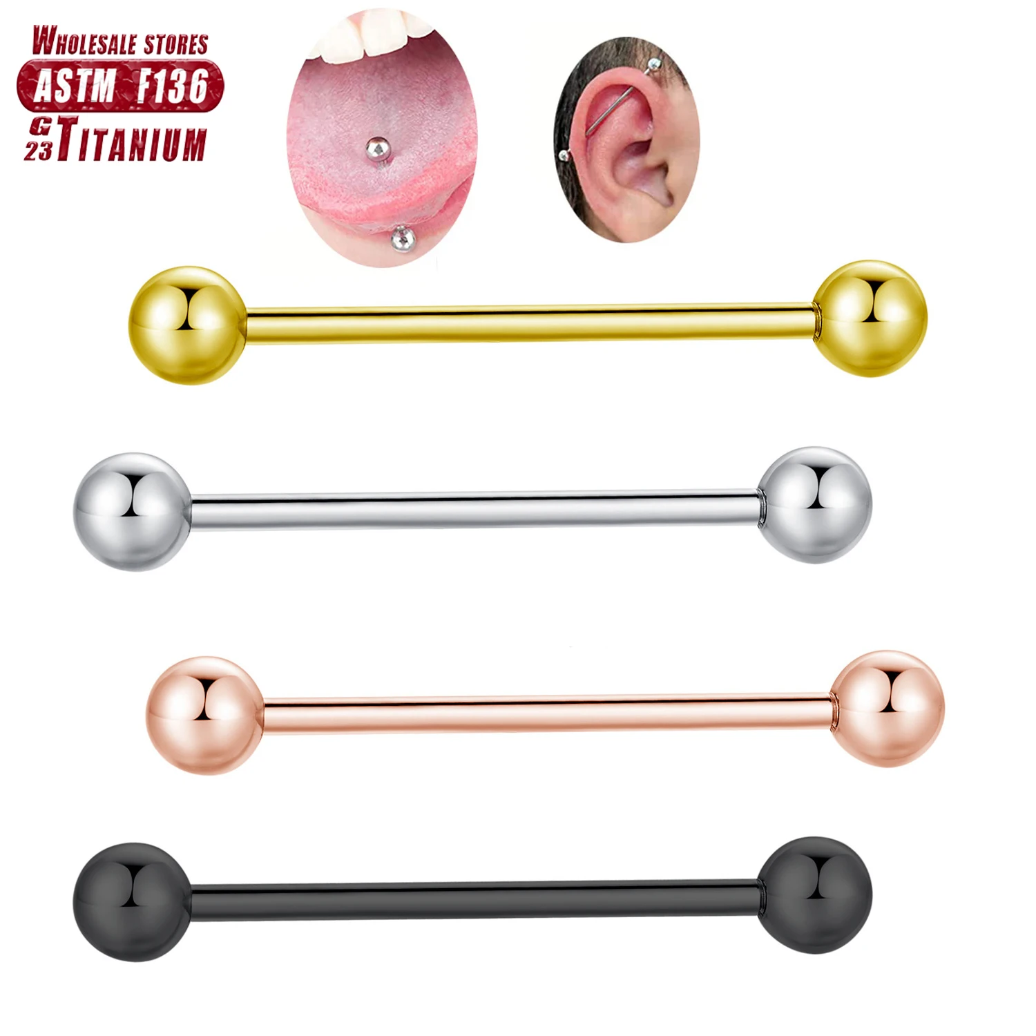Tongue Barbell Straight - Titânio Industrial Barbell Balls, língua anel,