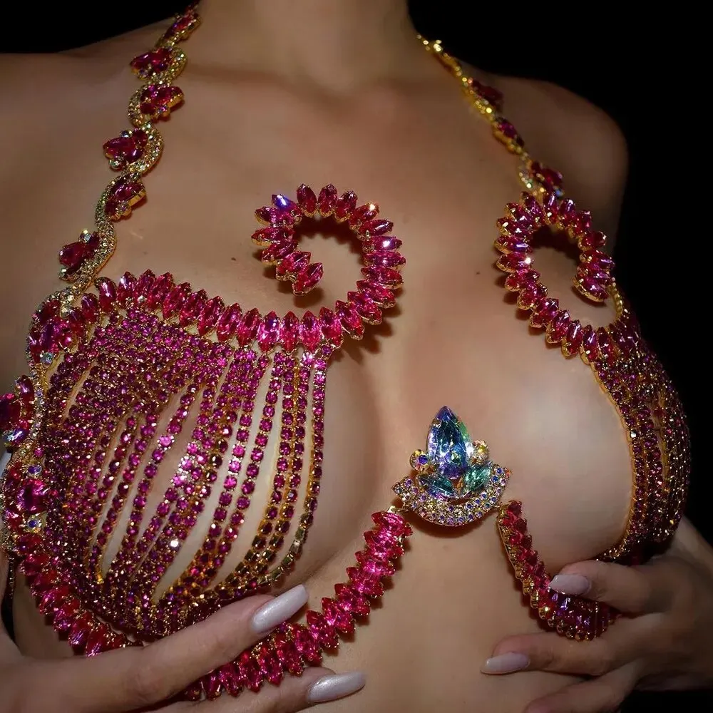 Body Jewelry Bra - Rave Rosa Cristal Peito Suporte para